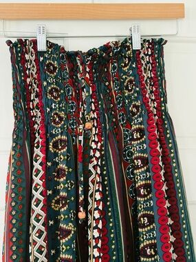 Boho Tiered Maxi Skirt - Rust Red & Forest Green Pattern